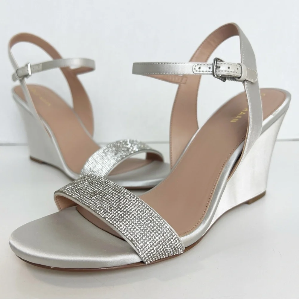 •COLE HAAN•‎ Josie Wedge Ankle Strap Sandal Heel Size 9.5B Gray Satin Crystals